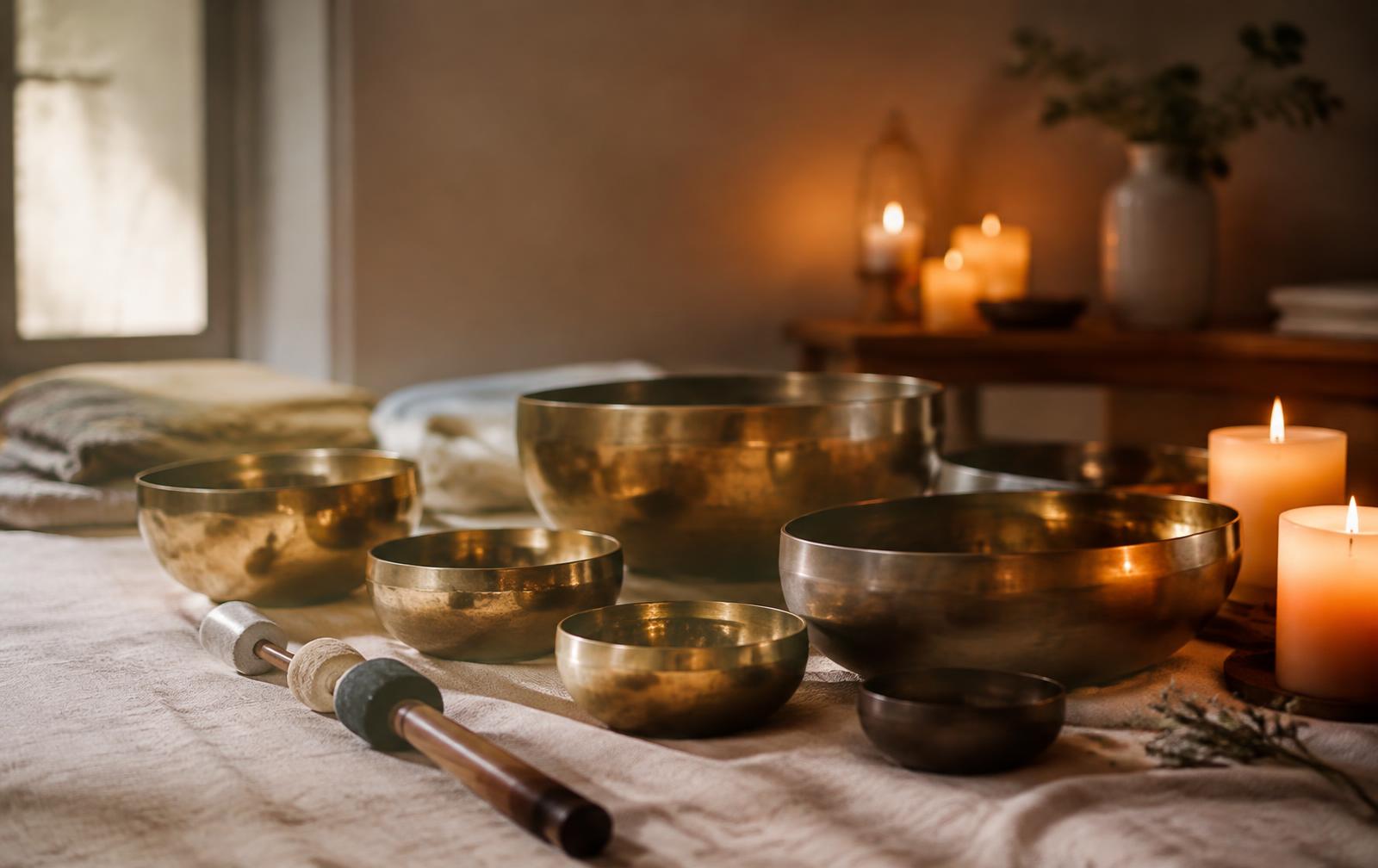 Singing bowls arranged on linen by candlelight