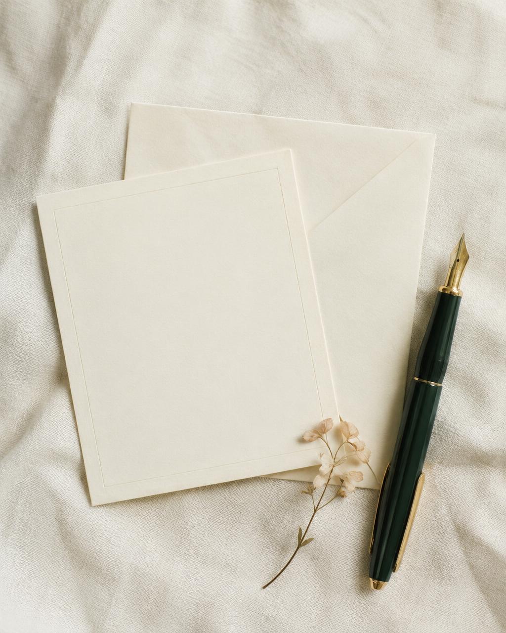 Cream card, envelope, pen and pressed flower