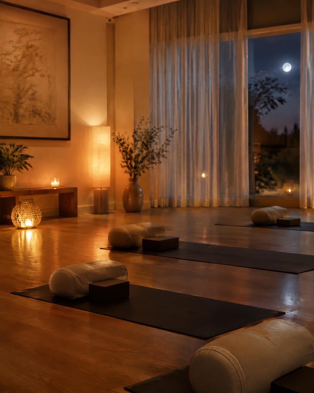 Softly lit studio with mats and bolsters at night