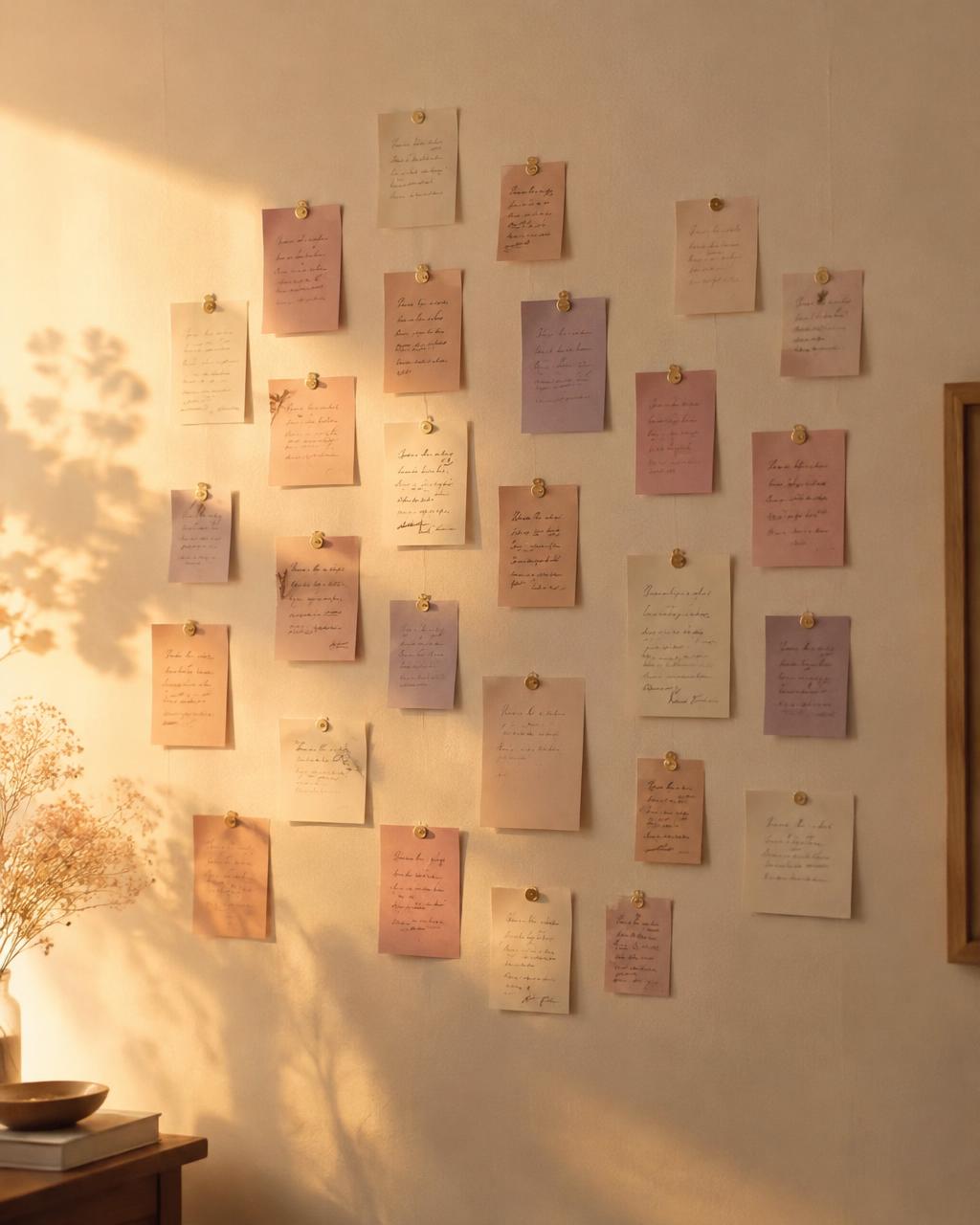 Wall of handwritten notes in ivory, rose and lavender